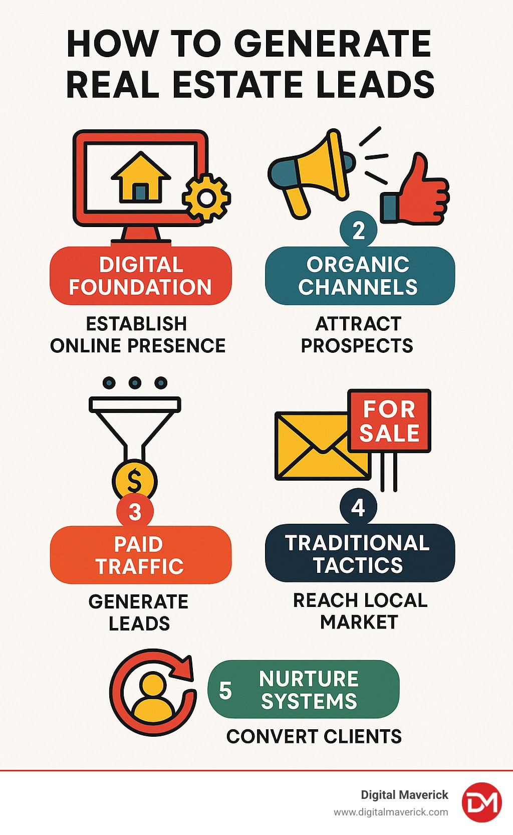 Detailed 5-step framework for generating real estate leads showing digital foundation, organic channels, paid traffic, traditional tactics, and nurture systems with expected outcomes for each - how to generate real estate leads infographic 